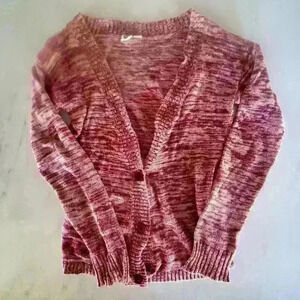Roxy maroon cardigan sweater with three big buttons.